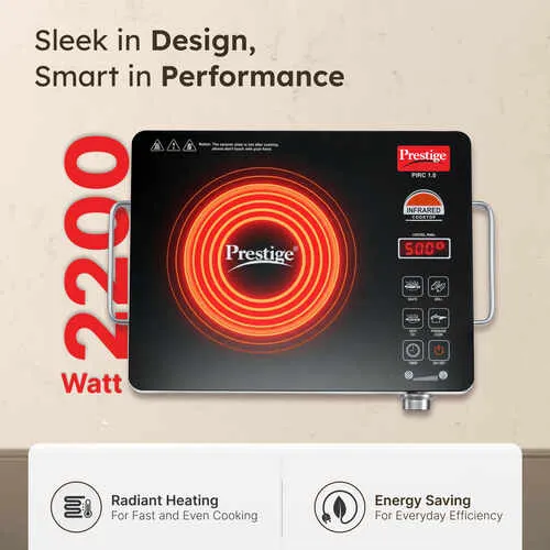Prestige PIRC 1.0 2200 Watts Infrared Cooktop | Preset Indian Menu Options & Timer | Compatible With Any Metal Cookware With Flat Bottom | Easy to clean | Portable | Black | 1Y Warranty | BIS (OrderMinimum 5 No )